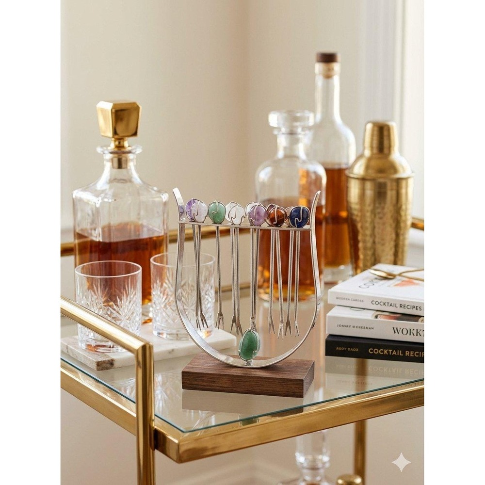 Vintage MCM Gemstone Cocktail Forks Skewers In Dark Wood & Chrome Rack Retro